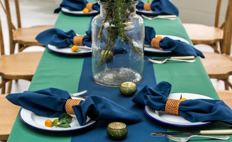 Oxford Blue Napkins and Table Runners with Forest Green table cloth base