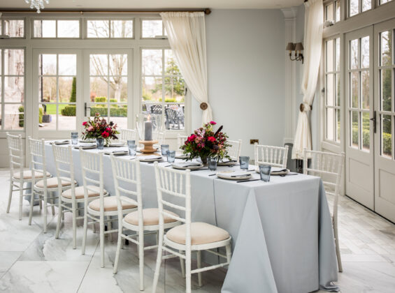 12 Pebble Grey place settings with napkins and table cloths