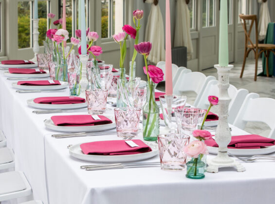 Wild Raspberry napkins with Arctic White table cloths