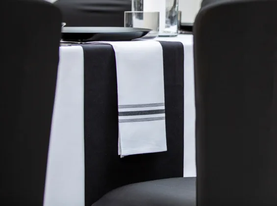 Black Stripe Bistro Style Napkins and Jet Black table runners