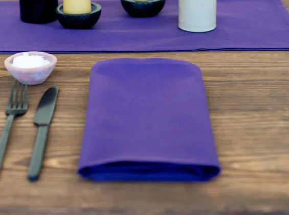 Purple Iris Napkin on rustic wooden table