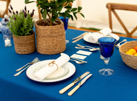 Arctic White napkins with a Royal Blue base cloth