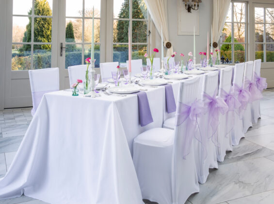 Arctic White tablecloths and stretch chair covers