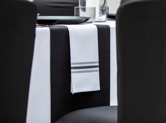 Black Stripe Bistro Style Napkins and Jet Black table runners