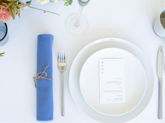 Blue Heather napkin on Arctic White