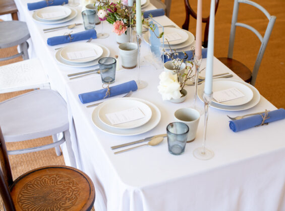 Blue Heather napkins on Arctic White base cloth