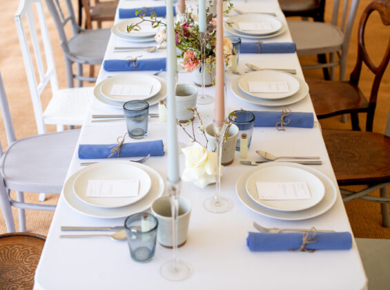 Blue Heather napkins on Arctic White