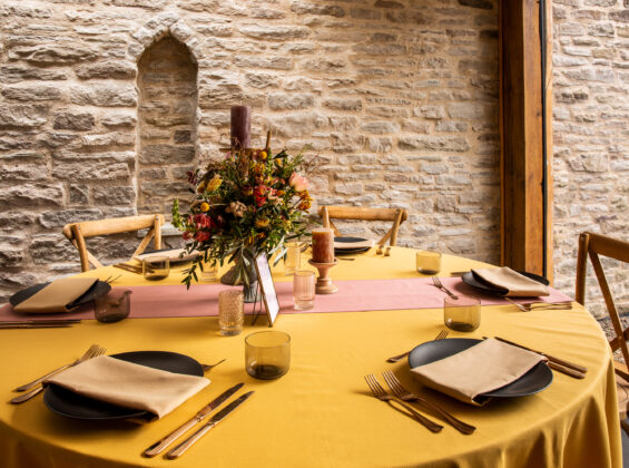 Arabian Sand napkins with Rose Blush table runner and Honeycomb Gold round table cloth