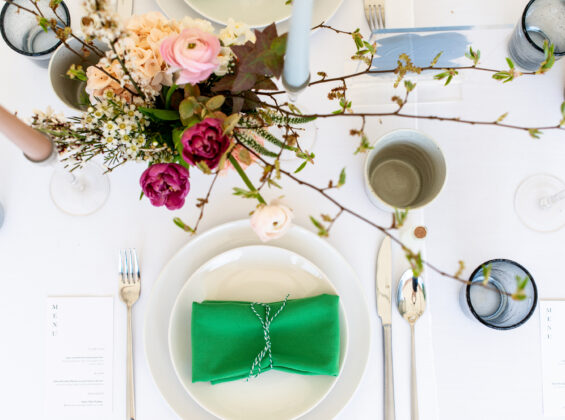 Flat view Mint Green napkin on Arctic White table cloth