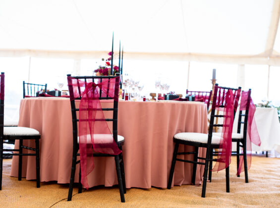 Merlot Red crystal organza with Rose Blush table cloth