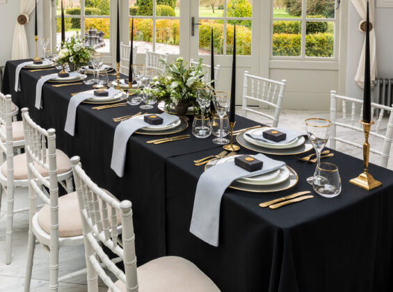 Jet Black table cloths with Pebble Grey napkins