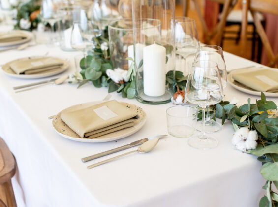 Olive napkins on Arctic White