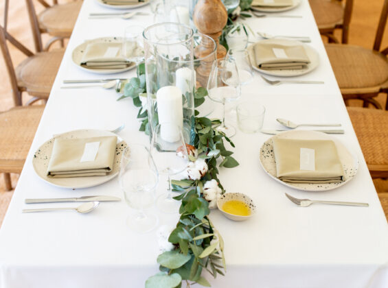 Olive napkins on Arctic White