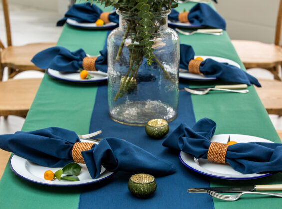 Oxford Blue Napkins and Table Runners with Forest Green base