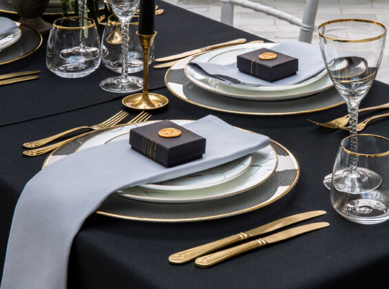 Pebble Grey napkins with Jet Black table cloths