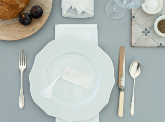 Pebble Grey table cloths with Arctic White napkins