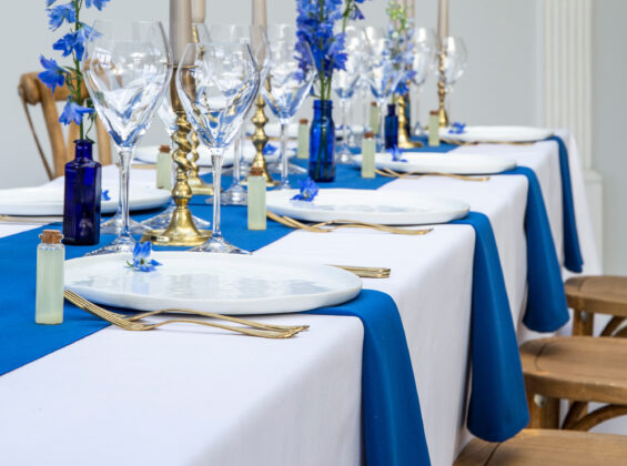 Royal Blue Table Linen Available To, Royal Blue Table Set Up