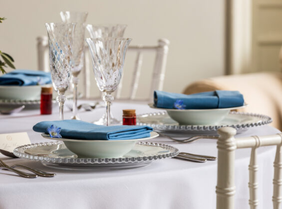 Three Glacier Blue napkin with Arctic White round table cloths