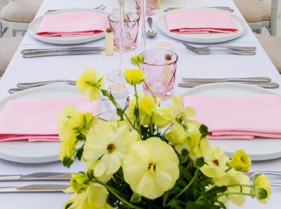 Twelve Blossom Pink napkins with Arctic White table cloths