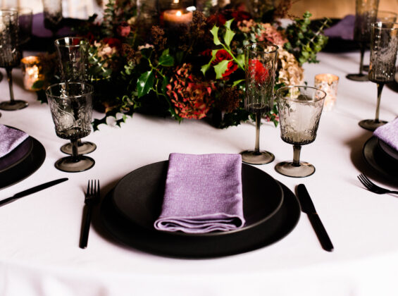 Viola Italian Napkins paired with Arctic White tablecloths