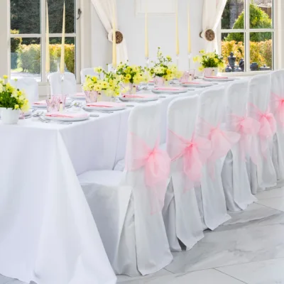 Arctic White label cloths and chair covers are ideal as a base to any table setting